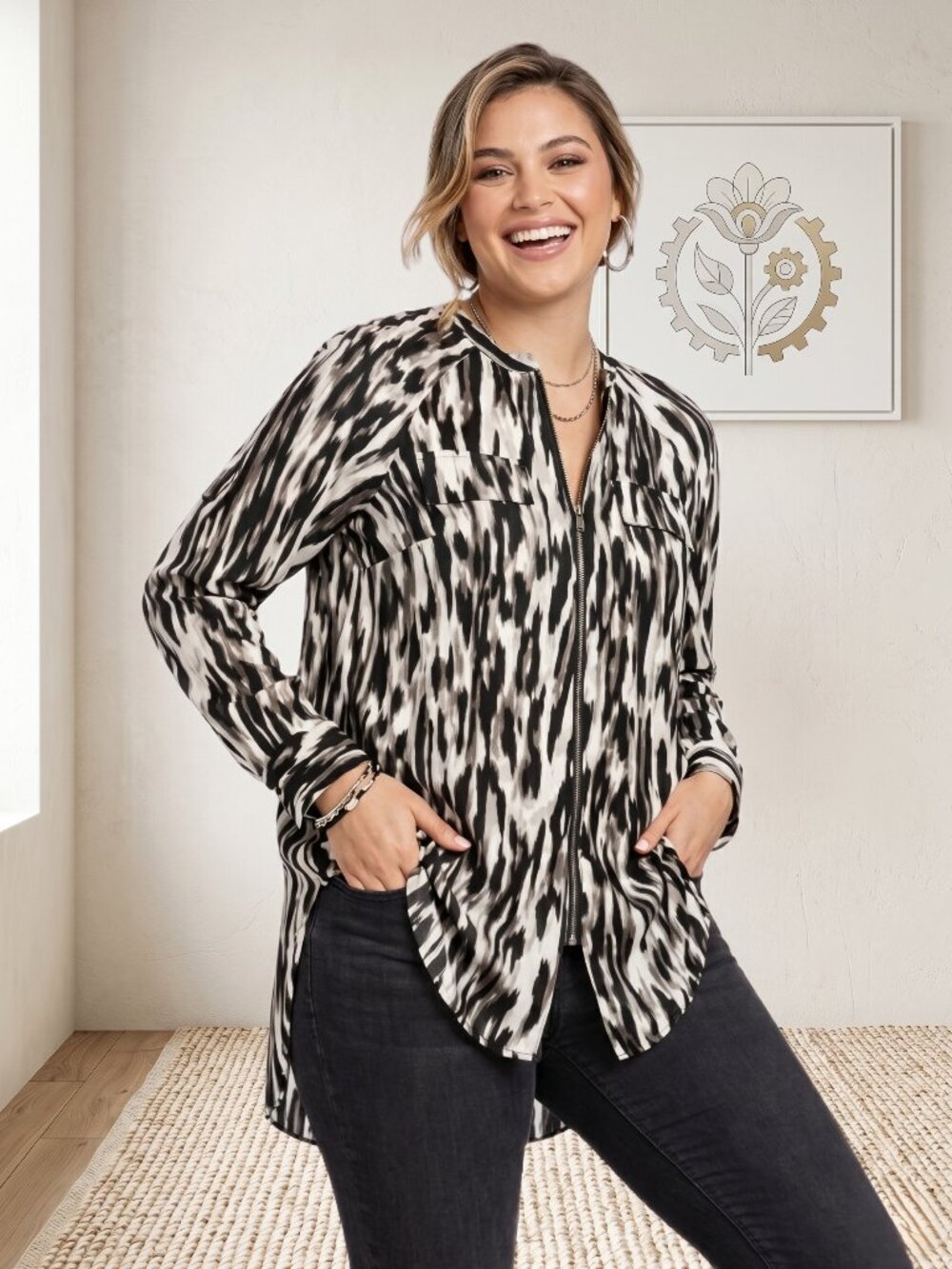 Rock & Republic Edgy Rocker Zipper Tunic Shirt M Black White Abstract Print - Picture 1 of 12